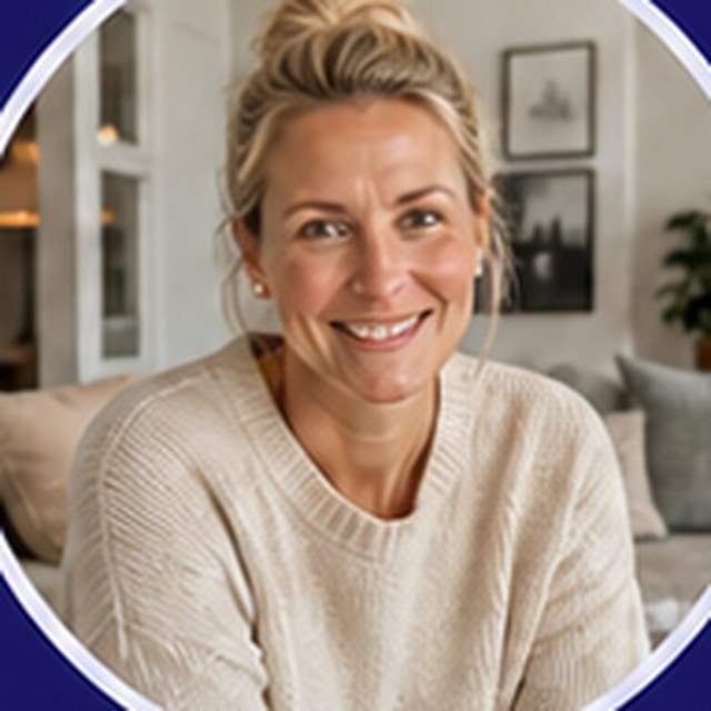 Leende kvinna hemma i sitt vardagsrum, privatperson som söker hjälp med sitt projekt